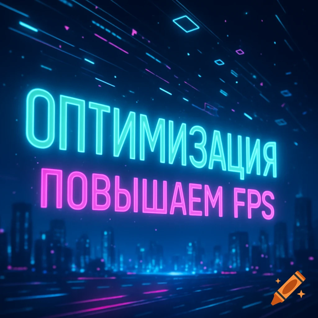 Neon text 'Оптимизация' and 'Повышаем FPS' in a futuristic cityscape with glowing lines.