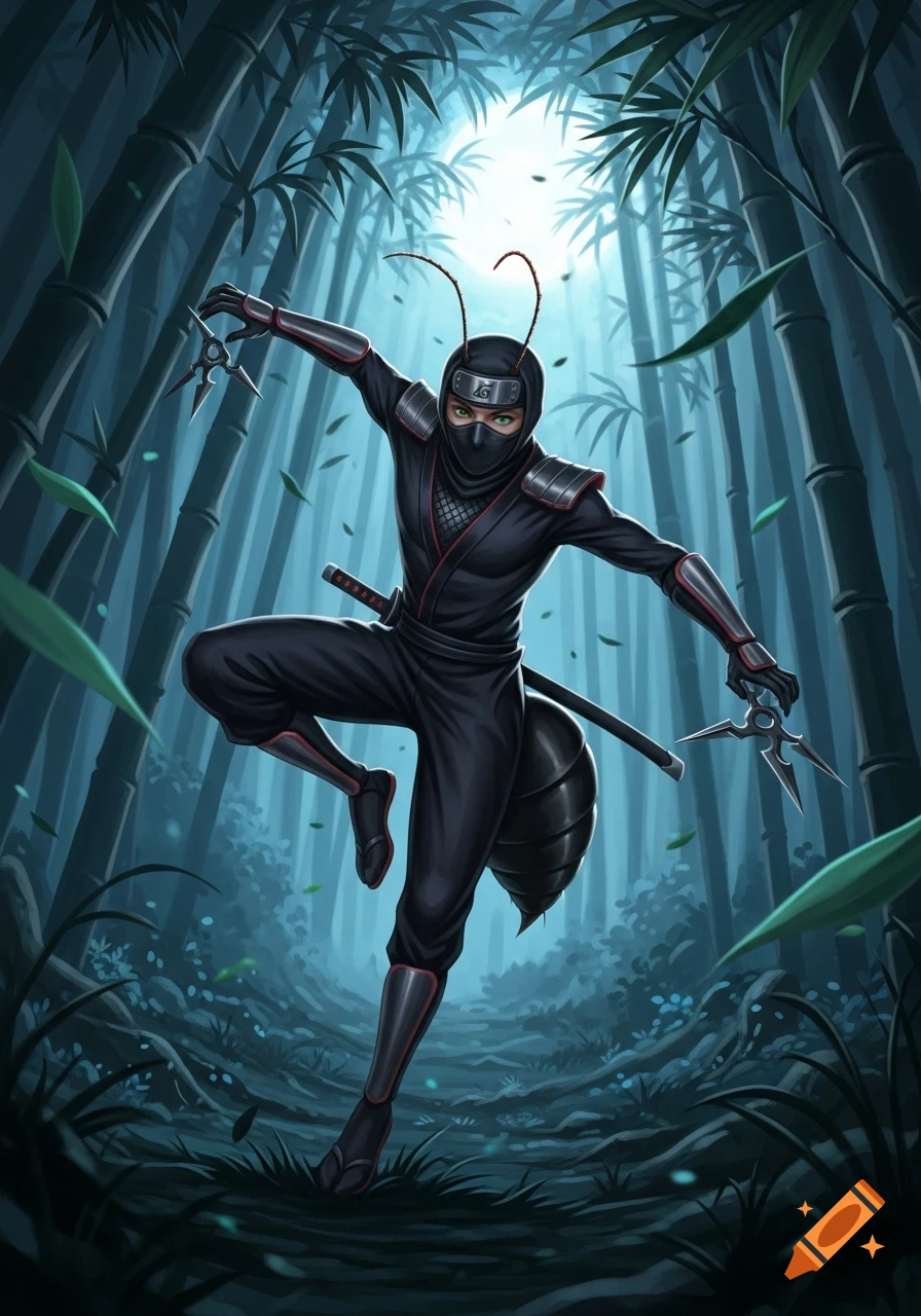 An ant-human ninja in an anime style, wearing a black suit with antennae and an ant abdomen, holding shurikens in a bamboo forest.