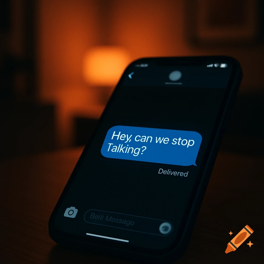 A close-up shot of a smartphone screen displaying a blue text bubble that reads, "Hey, can we stop Talking?" and below it, "Delivered." The screen is dark, with an orange lamp blurred in the background, creating a moody atmosphere.