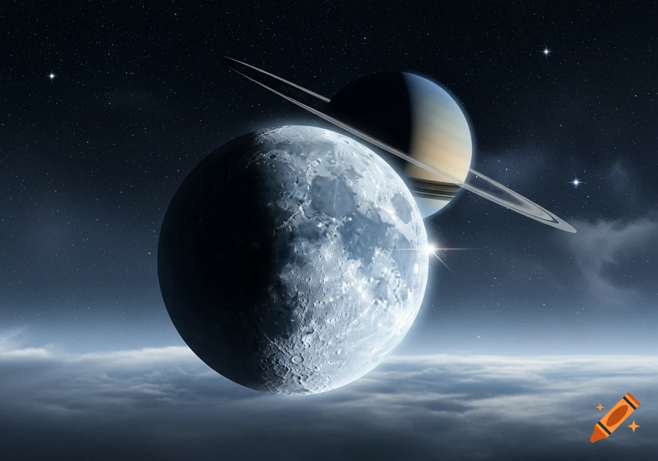 A large, cratered moon is brightly lit, partially obscuring a ringed planet, all against a dark blue starfield and wispy clouds.