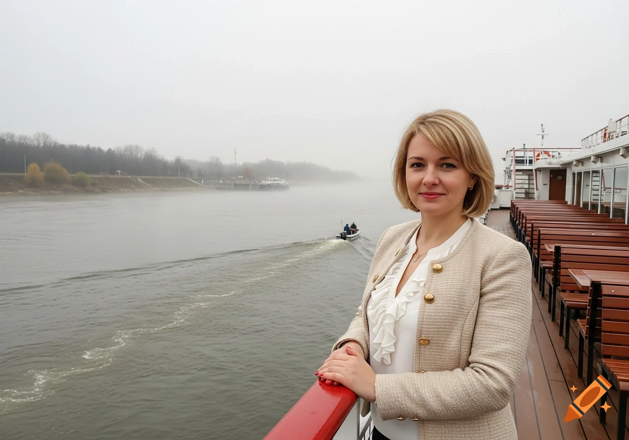A blonde woman in a beige jacket stands on a boat's deck, holding a red railing, with a foggy river and distant shore in the background. Photorealistic.