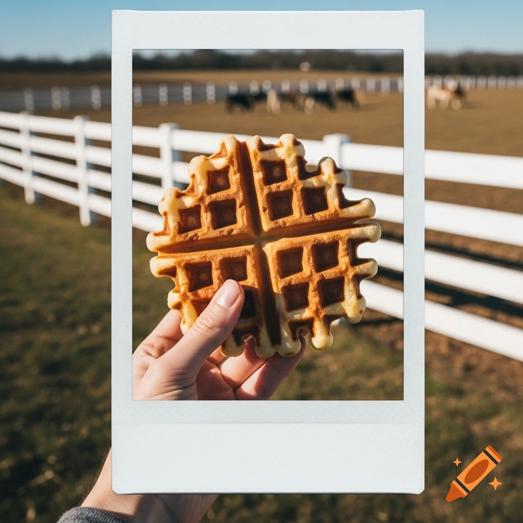 A hand holds a golden-brown waffle in a polaroid photo, with a white farm fence and blurred cows in the sunny background.