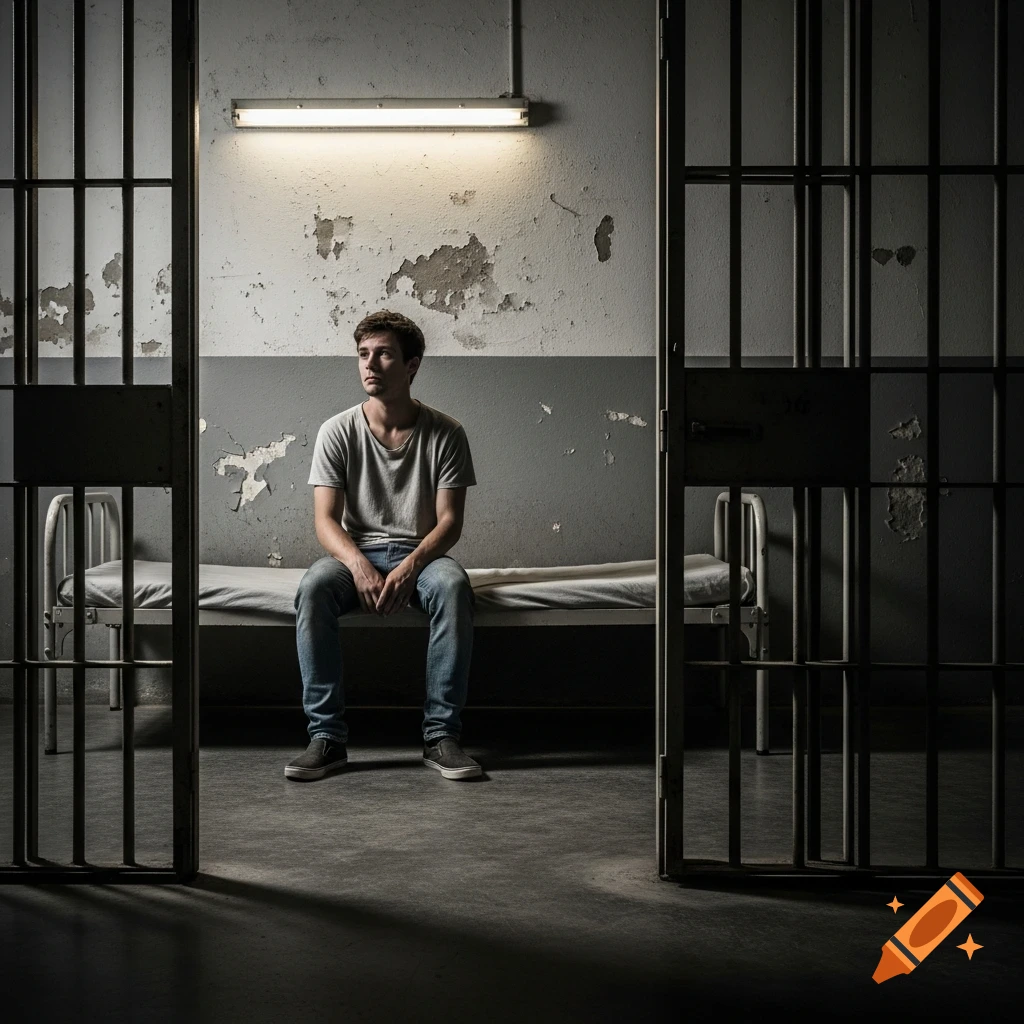 A young man sits pensive on a bed in a desolate prison cell, framed by cell bars, in a photorealistic style.
