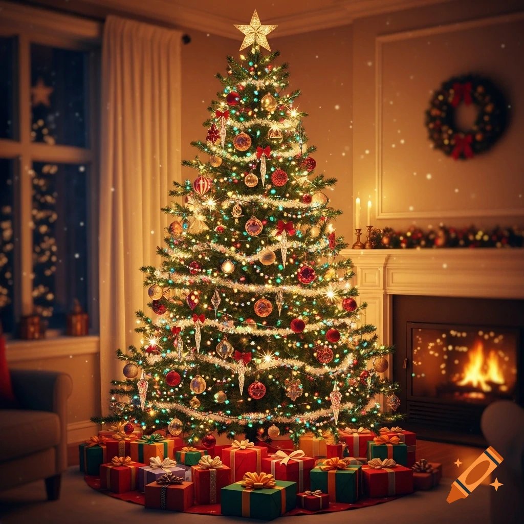 A beautifully decorated Christmas tree with lights and ornaments, surrounded by wrapped presents, in a cozy living room with a lit fireplace.