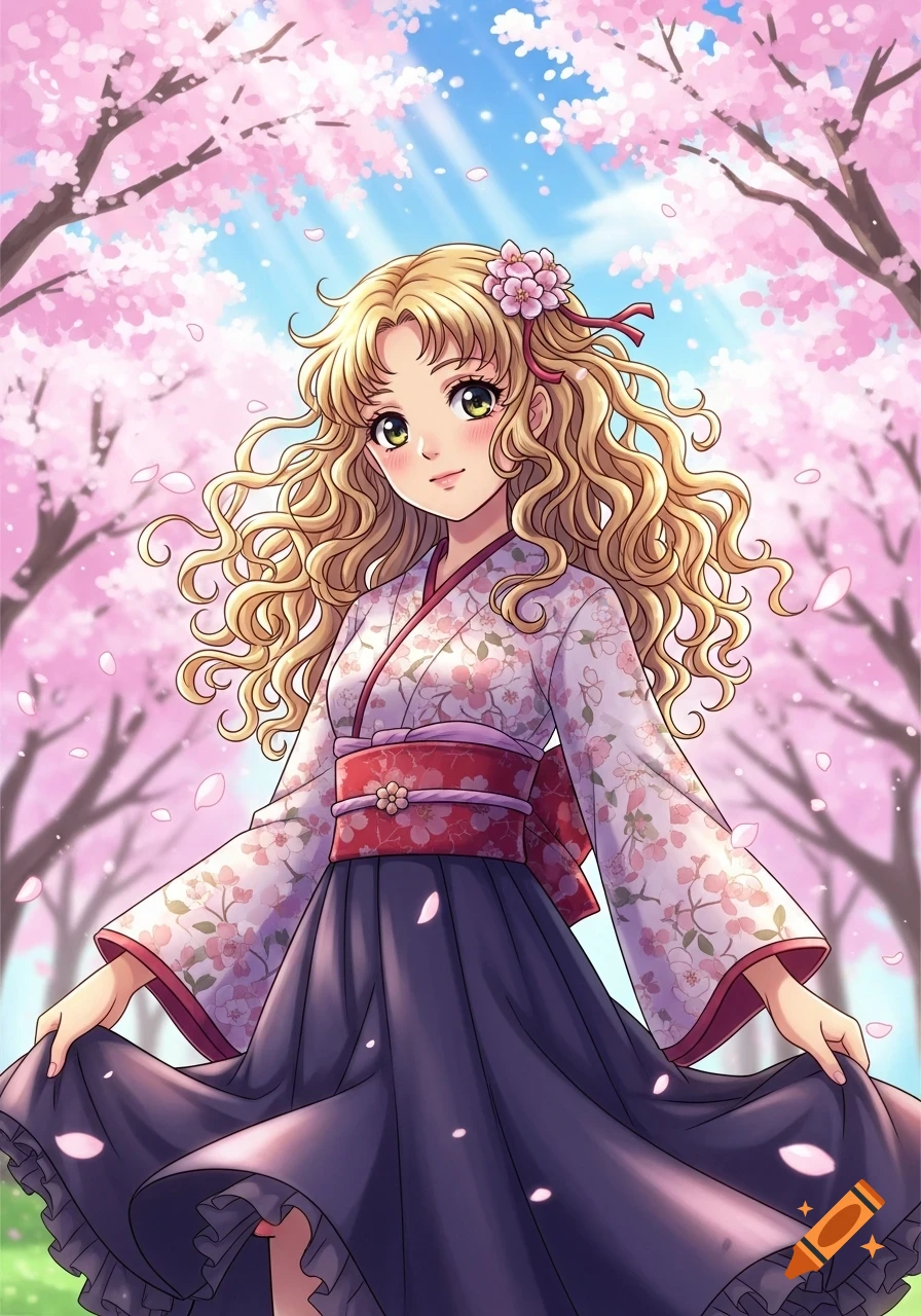 Anime girl with blonde curly hair in a floral kimono and dark skirt, posing under pink cherry blossom trees.