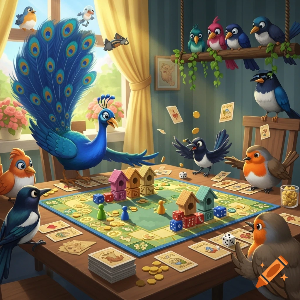 Cartoon birds play a 'Wingspan' style board game at a wooden table in a sunlit room, with a peacock, robins, and magpies.