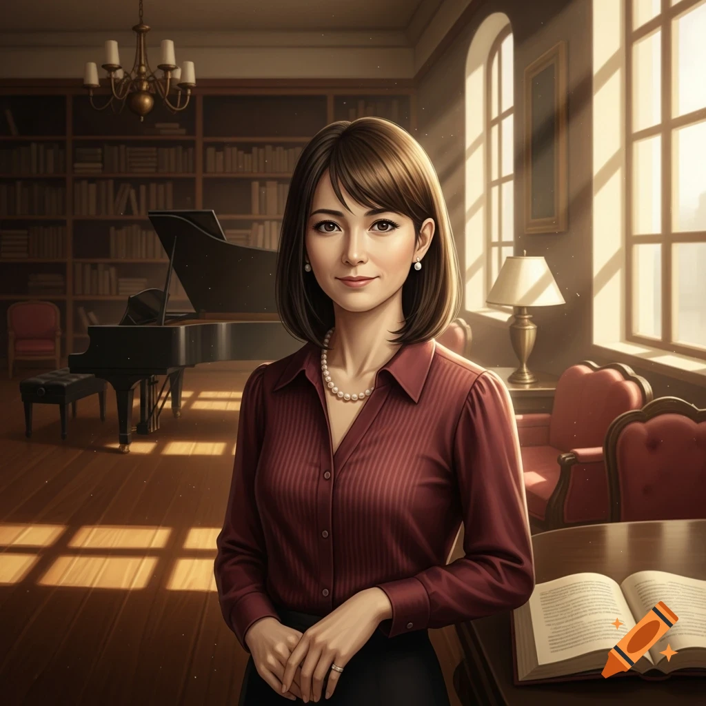 Photorealistic portrait of a woman with short brown hair, wearing a red shirt and pearl necklace, standing in a sunlit library.