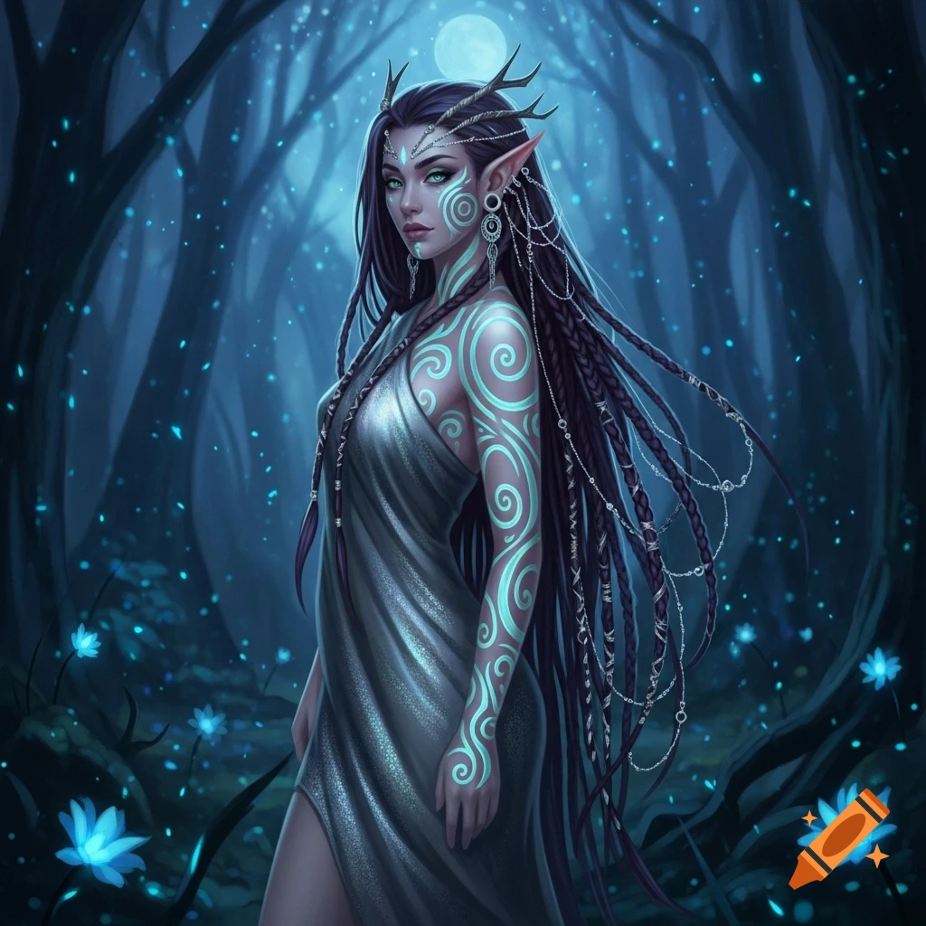 Digital art of an elf-like woman with dark hair, glowing tattoos, and a silver dress in a moonlit fantasy forest with glowing plants.