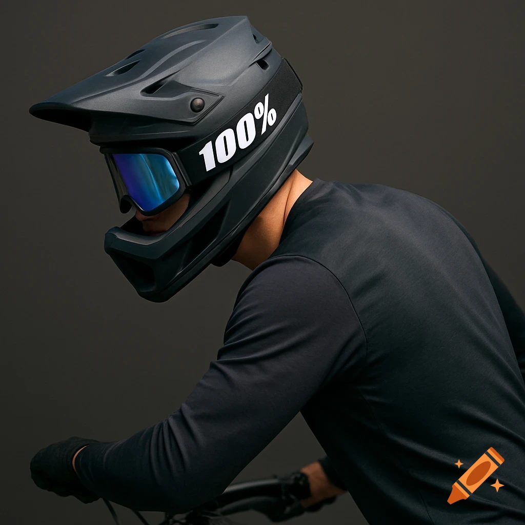 A mountain biker in a black full-face helmet with mirrored goggles displaying '100%', wearing a dark long-sleeved jersey, against a dark background.