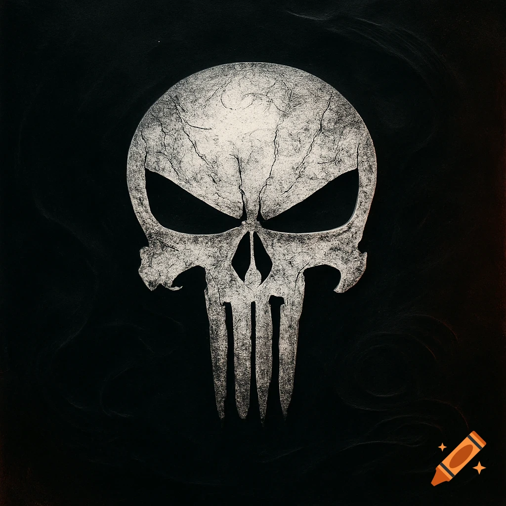 A distressed white Punisher skull logo with cracks on a dark black background, in a stylized, grunge aesthetic.