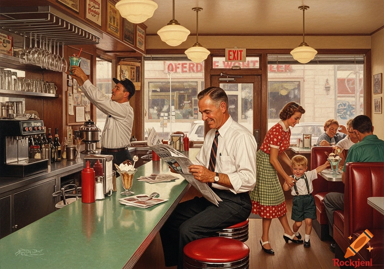 A colorful Norman Rockwell-style painting of a busy 1950s diner with patrons enjoying food and a smiling server preparing a drink.