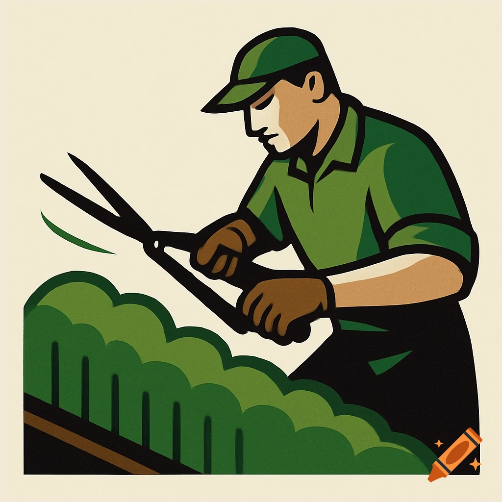 Simple vector illustration of a gardener in a green cap and shirt, wearing brown gloves, trimming a green hedge with hedge clippers.
