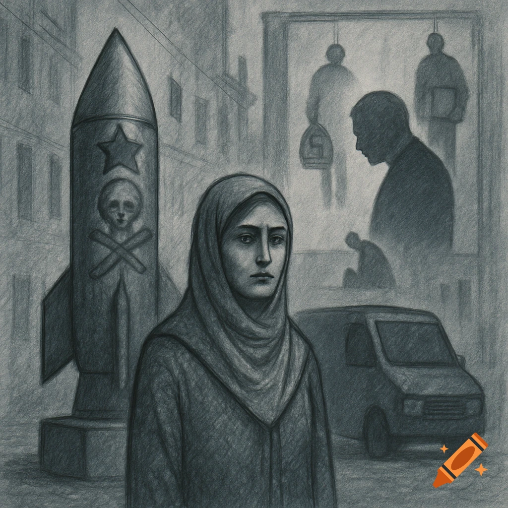 Pencil sketch of a woman in a headscarf standing before a missile sculpture with a skull. Shadowy figures symbolizing oppression and embezzlement are in the background.