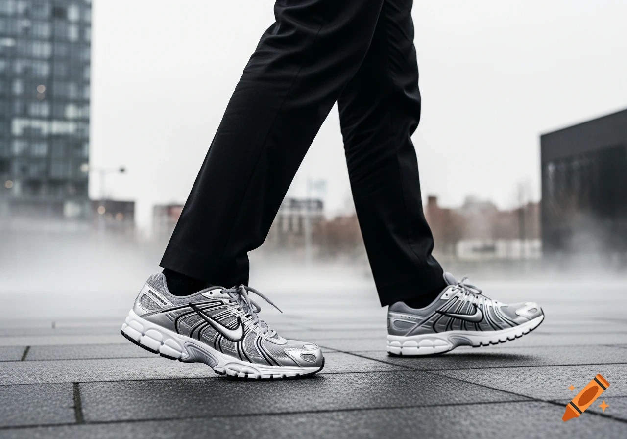 Low-angle shot of a person walking in silver and black sneakers and black pants on a wet urban sidewalk.