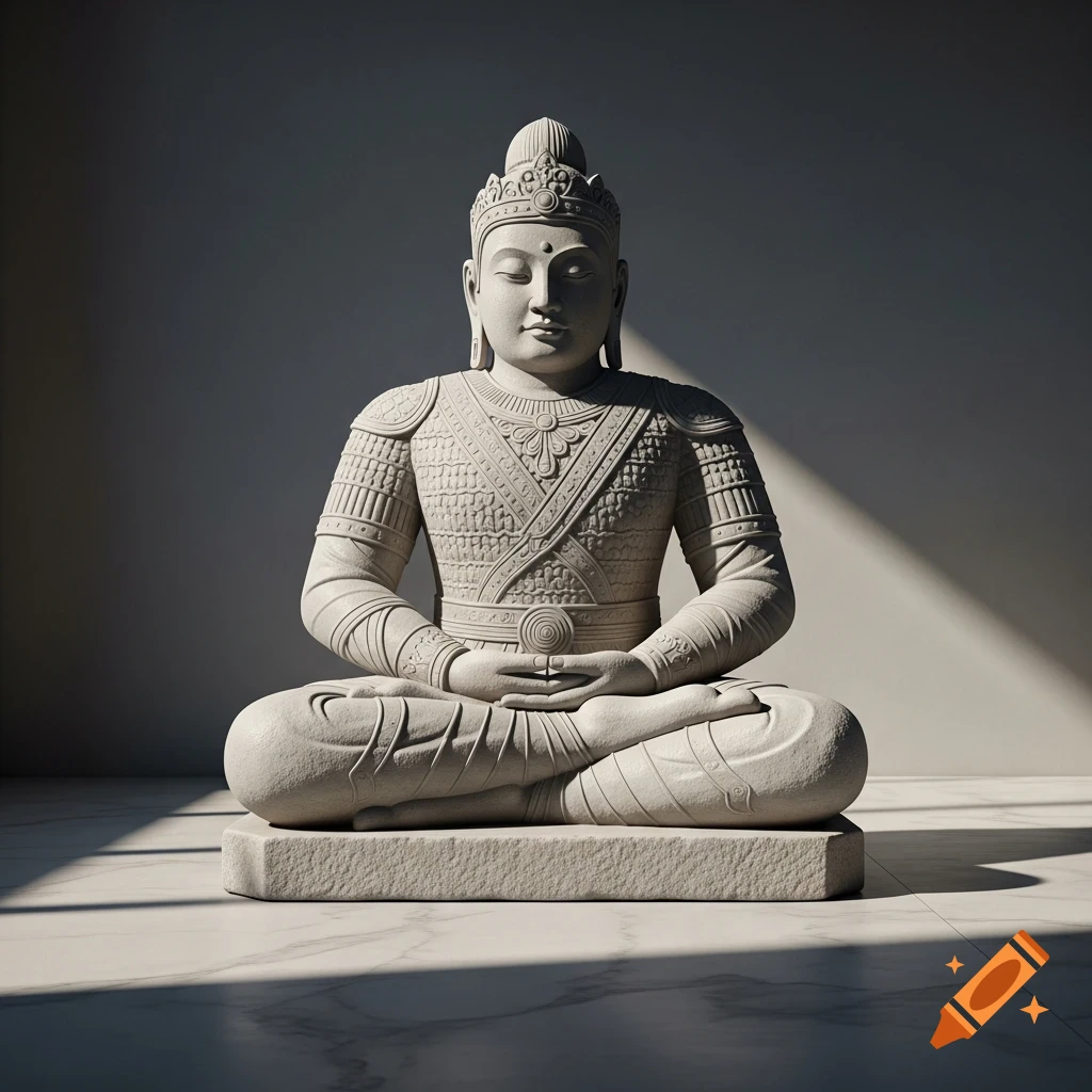 Photorealistic stone statue of a serene, intricately armored warrior figure sitting cross-legged in a meditative pose with hands in lap, dramatically lit.