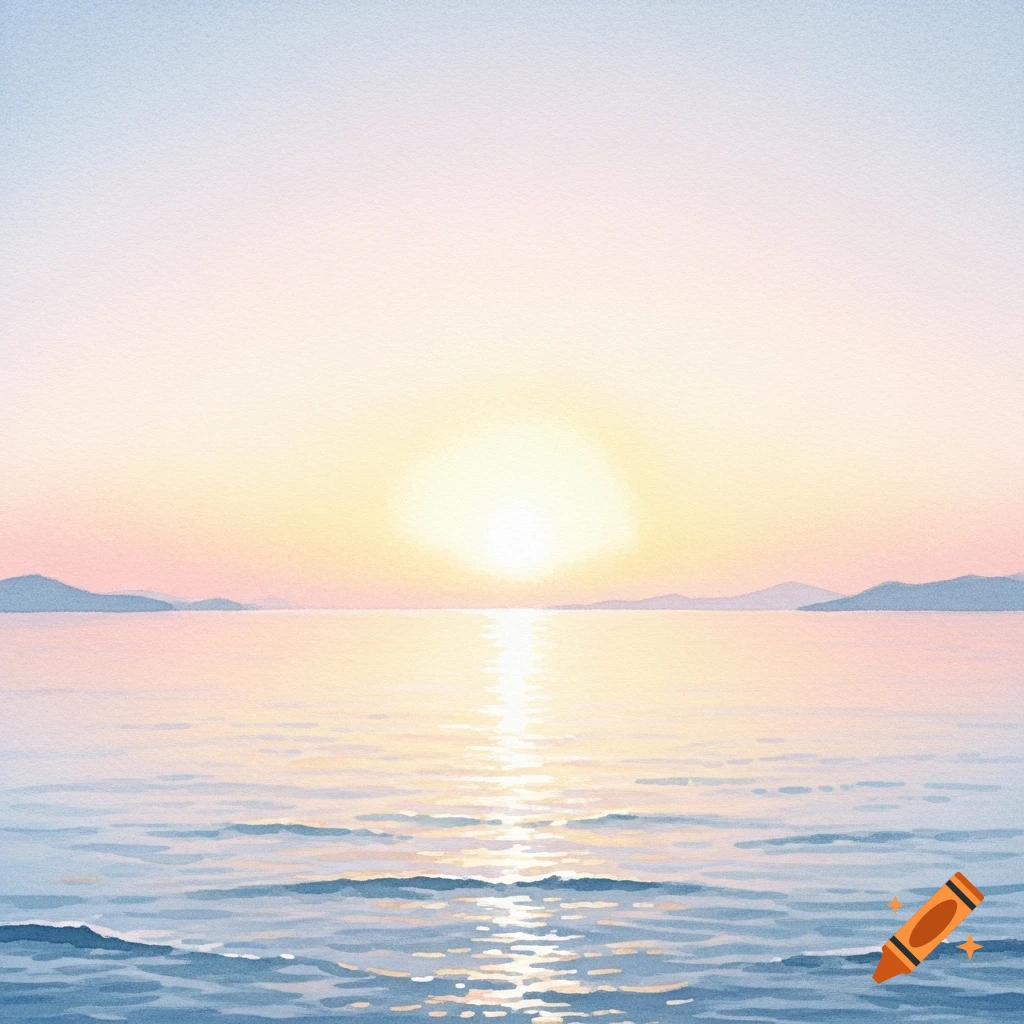 Watercolor painting of a serene sunrise over a calm sea, with soft pastel colors and distant mountains.