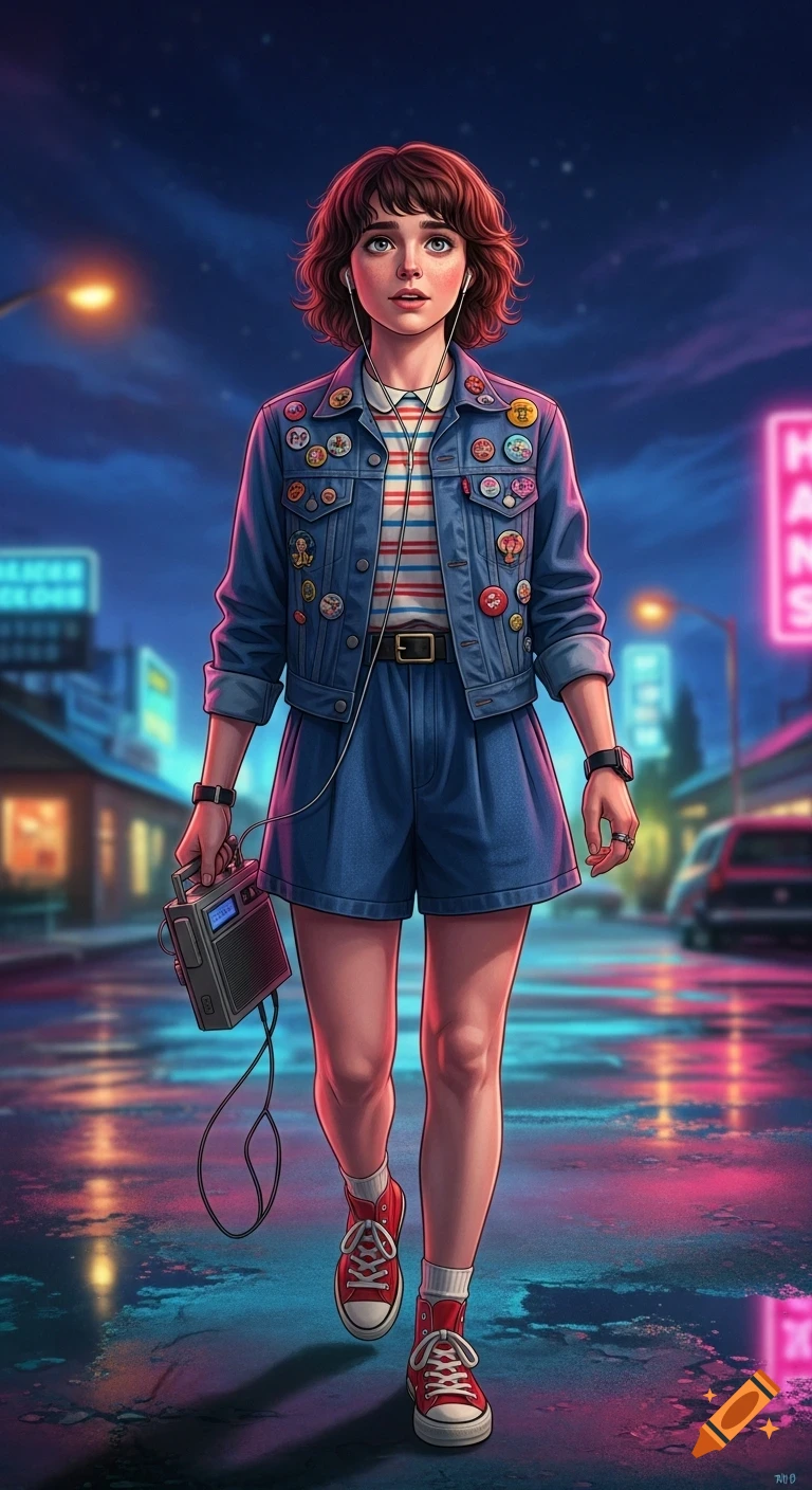 A stylized illustration of a young woman with short brown hair, wearing a denim jacket, shorts, and red sneakers, walking at night with a Walkman.