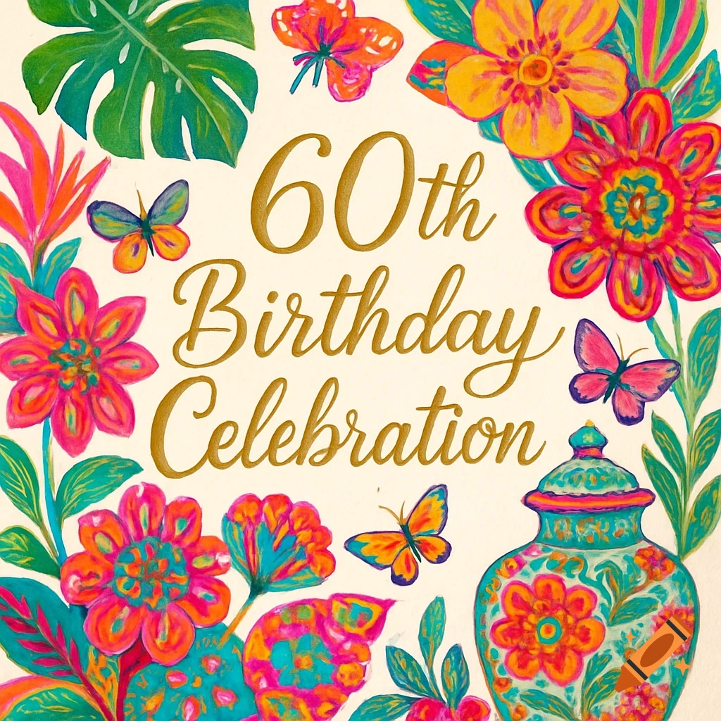 Vibrant illustration of '60th Birthday Celebration' text surrounded by colorful flowers, butterflies, and botanical elements.