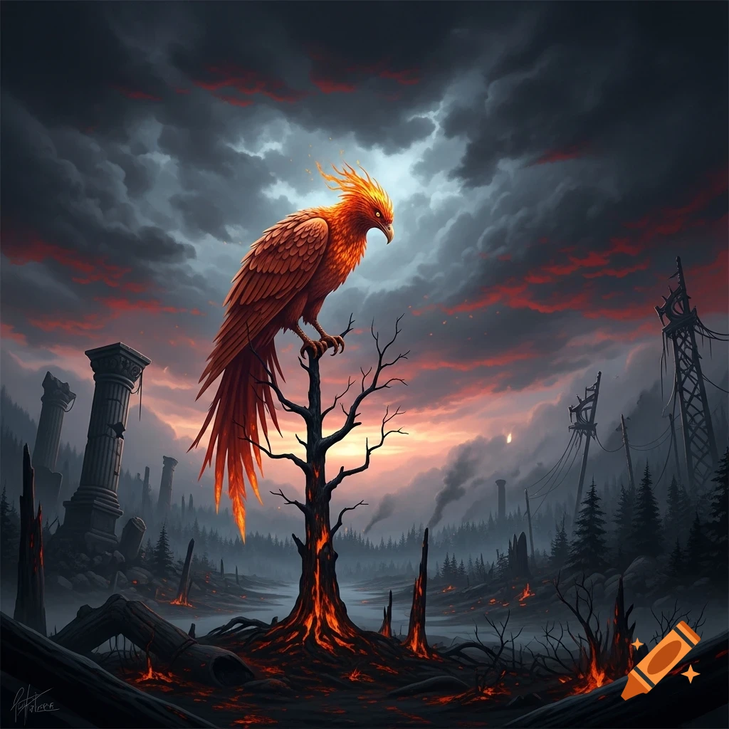 A fiery orange phoenix perches on a bare tree in a desolate, apocalyptic landscape with a dark red sky and molten ground.