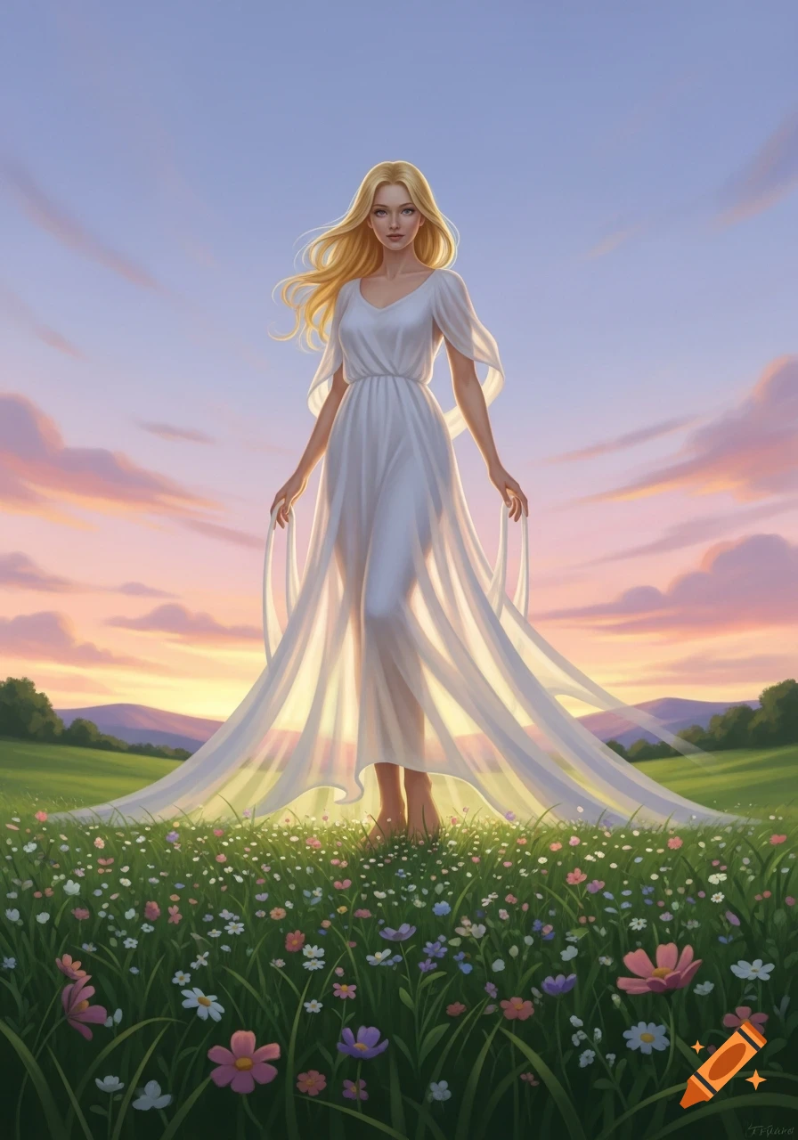 A blonde woman in a flowing white dress stands in a field of ...