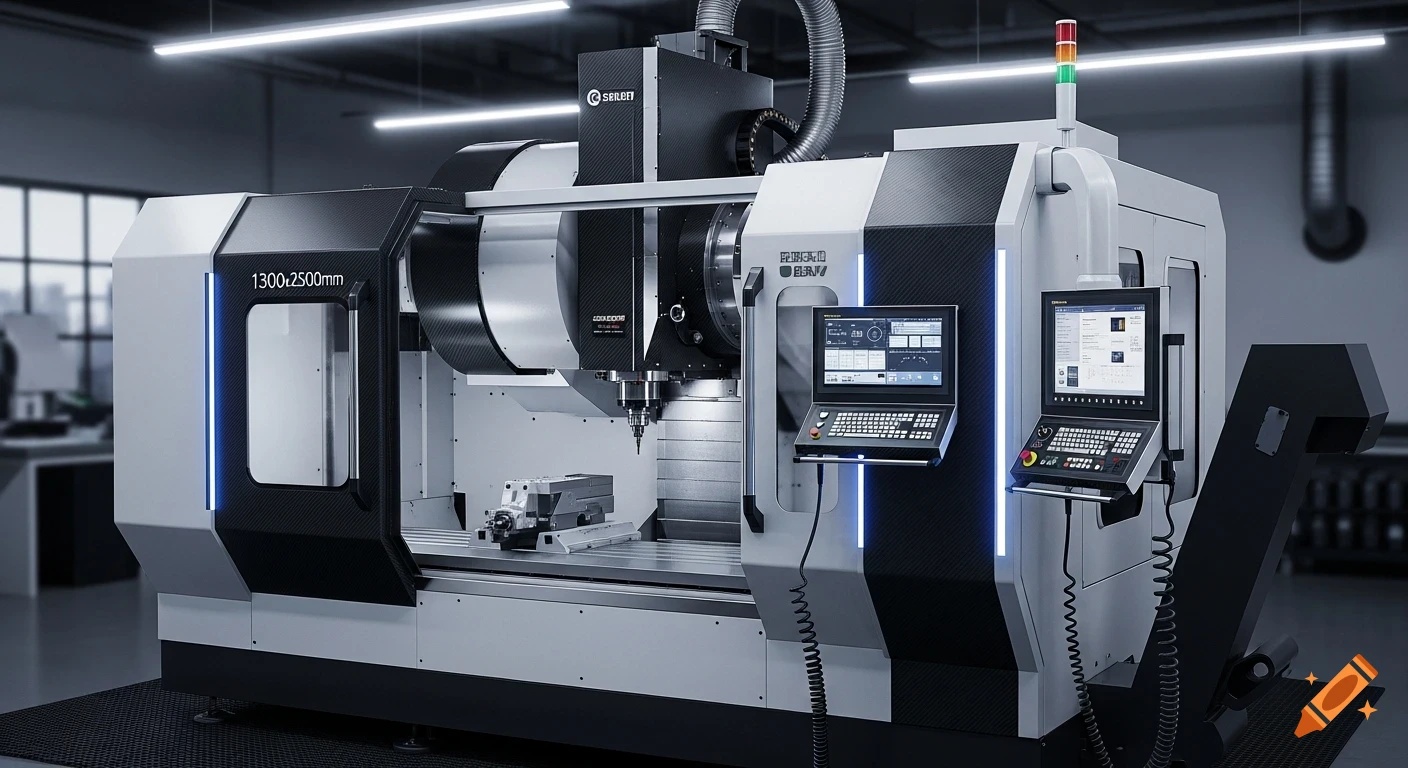 A modern, aggressive, and detailed CNC milling machine with screens showing controls, illuminated with blue lights in a workshop.