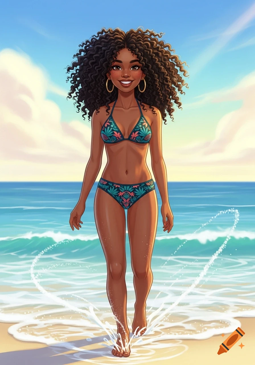 A smiling, mixed-race cartoon girl with curly hair walks on a sandy beach in a patterned bikini as waves splash around her feet.