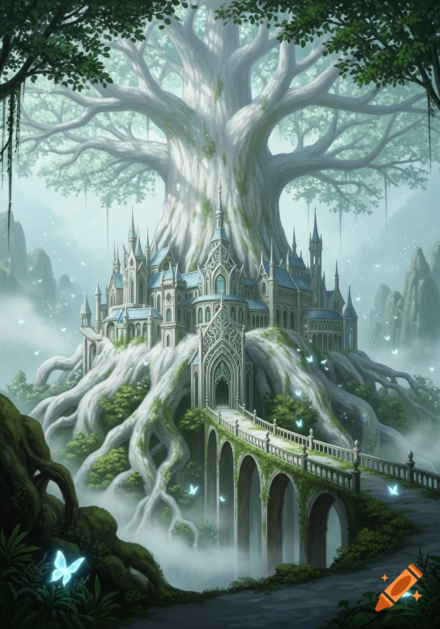 A majestic elven castle built into the gnarled roots and trunk of a ...
