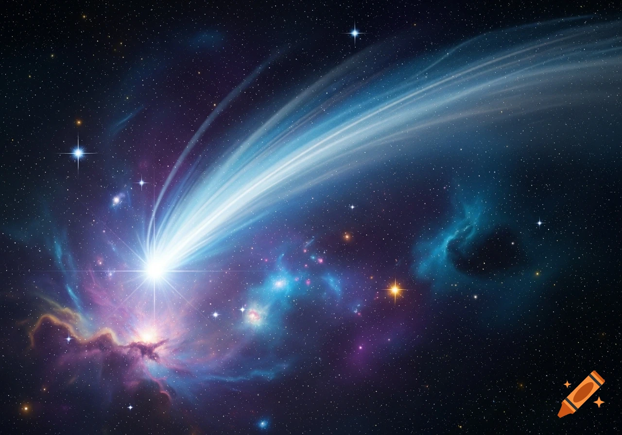 A bright comet with a long, luminous tail streaks through a dark, star-filled galaxy with colorful purple and blue nebulae.