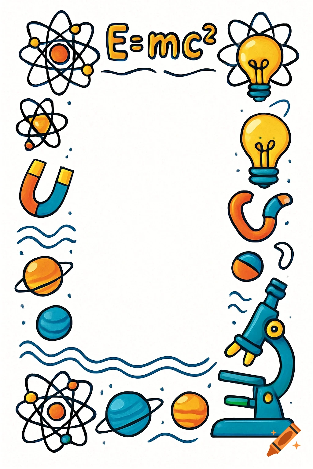 A colorful, cartoon-style decorative frame with a physics theme on a ...