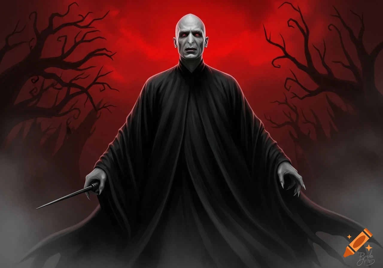Lord Voldemort stands in a dark robe, holding a wand, against a red sky with silhouetted trees.