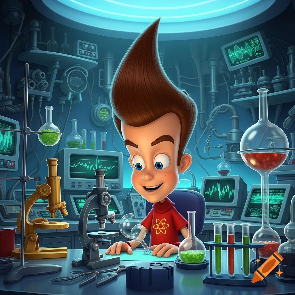 Smiling Jimmy Neutron in a vibrant 3D animated style, looking into a magnifying glass at a microscope in a futuristic science lab.
