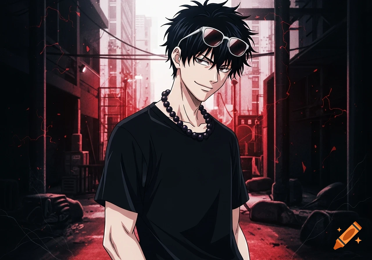 Anime man with spiky black hair, black t-shirt, beaded necklace, and sunglasses on head, smirking in a gritty, red-tinged urban alley.