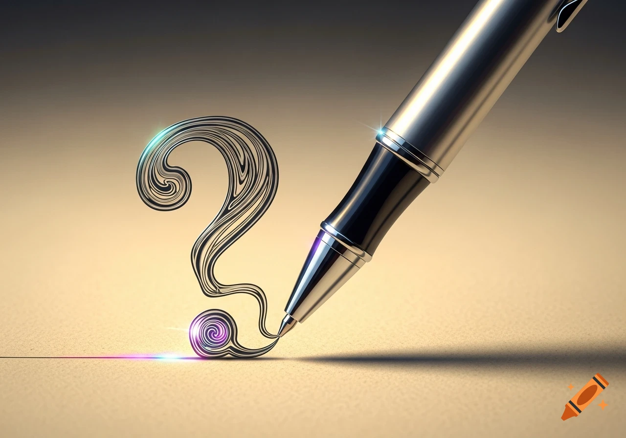 A close-up of a silver pen drawing a stylized, glowing question mark on a light surface.