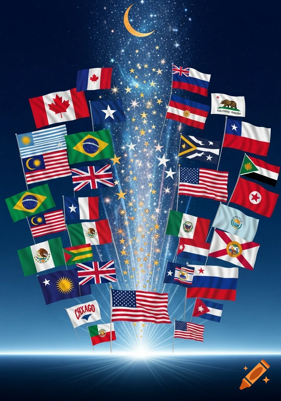 Numerous national flags, including Canada, USA, Brazil, UK, and Mexico, float under a crescent moon with glowing stars and light rays emanating from below.