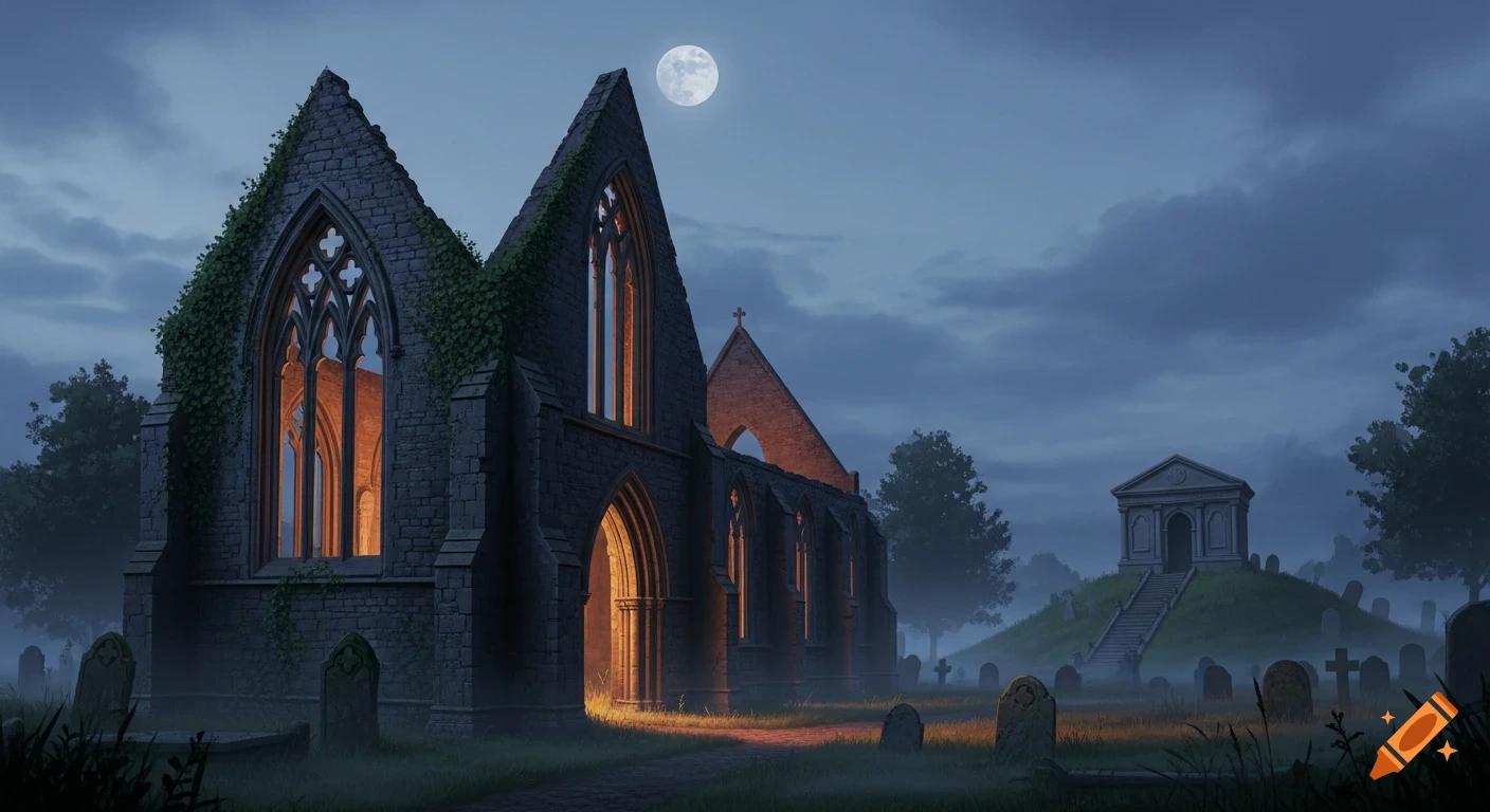 A ruined gothic church with glowing windows in a graveyard under a full ...