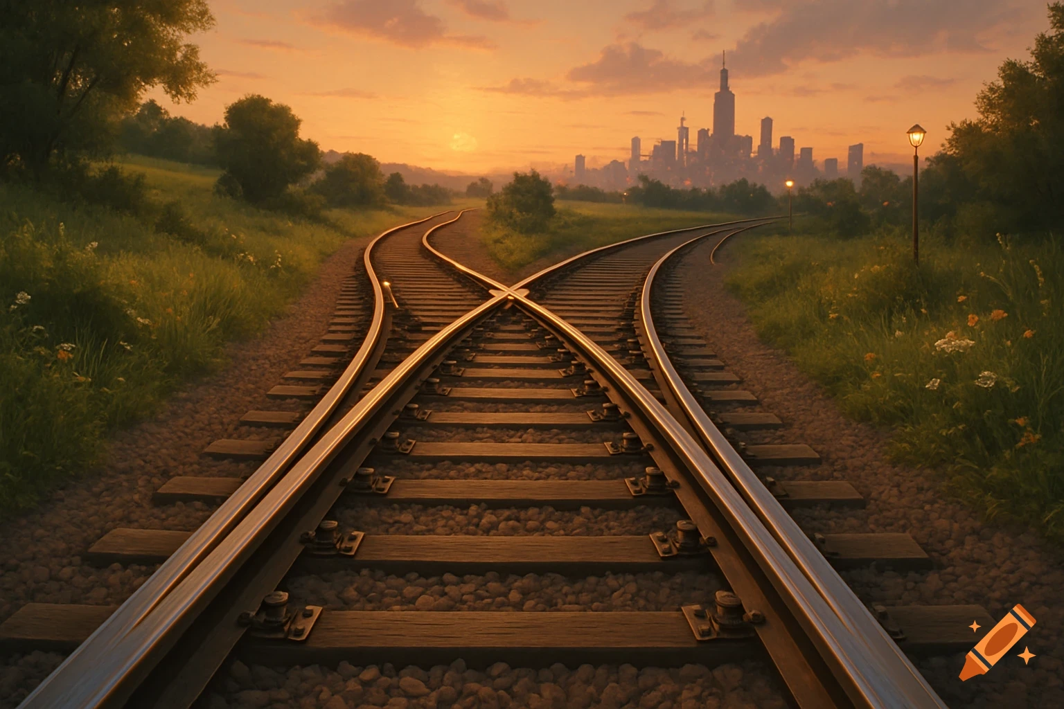 Train tracks converge through grassy hills towards a distant city skyline under a dramatic sunset.