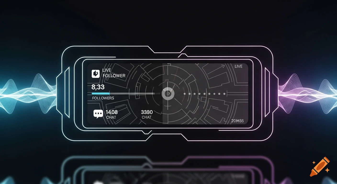 A digital overlay with live follower and chat statistics, a central radar-like graphic, and neon blue and purple sound waves.
