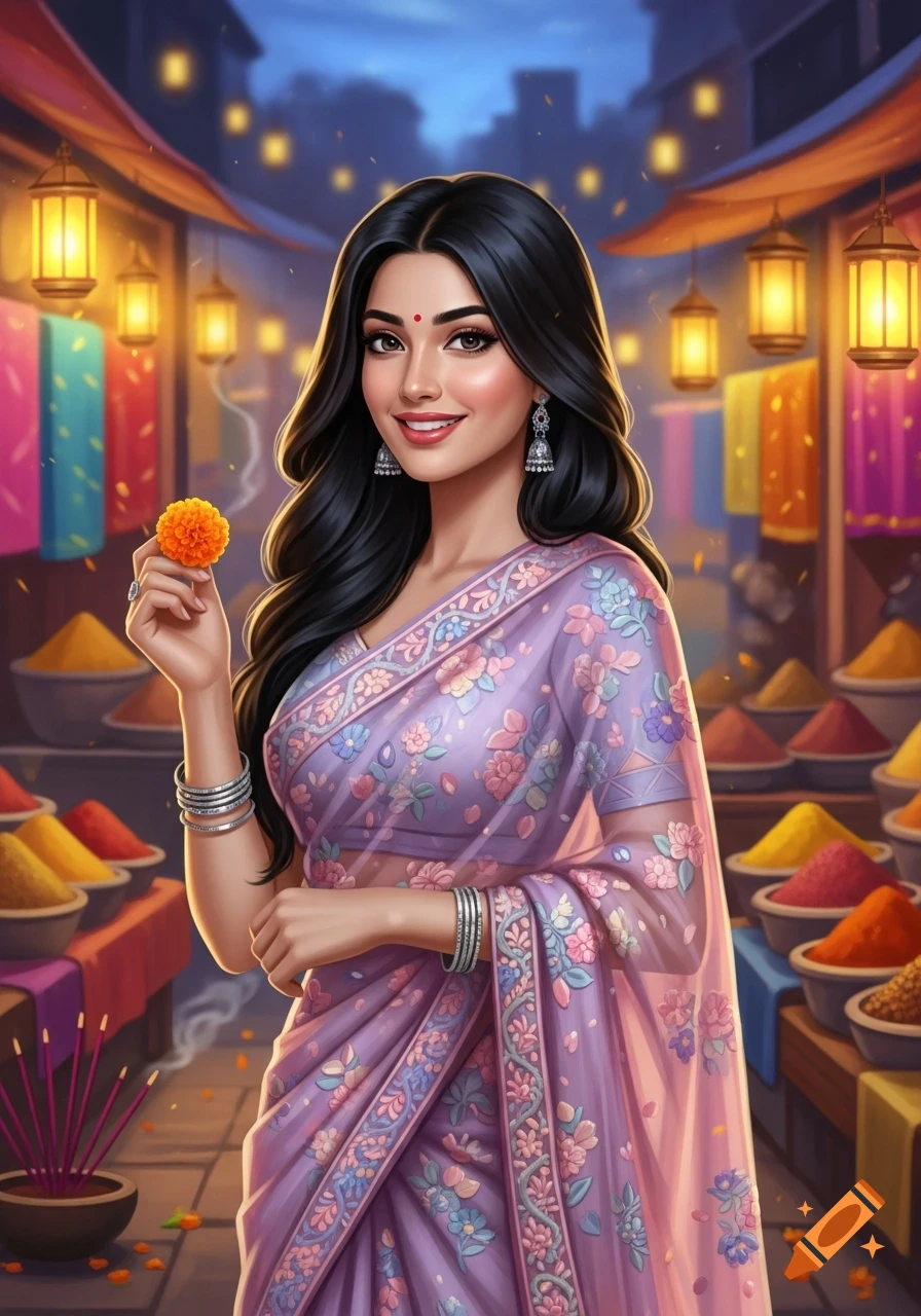 Stylized portrait of a smiling Indian woman in a purple saree, holding a flower in a vibrant marketplace at dusk.