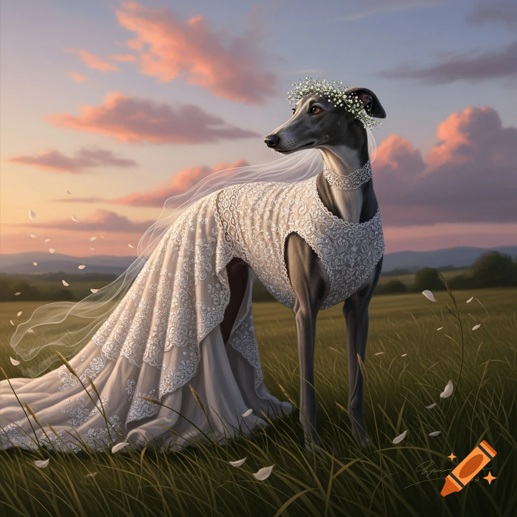 A greyhound dog wearing a white lace wedding dress and a floral crown stands in a grassy field at sunset. Petals fall around.