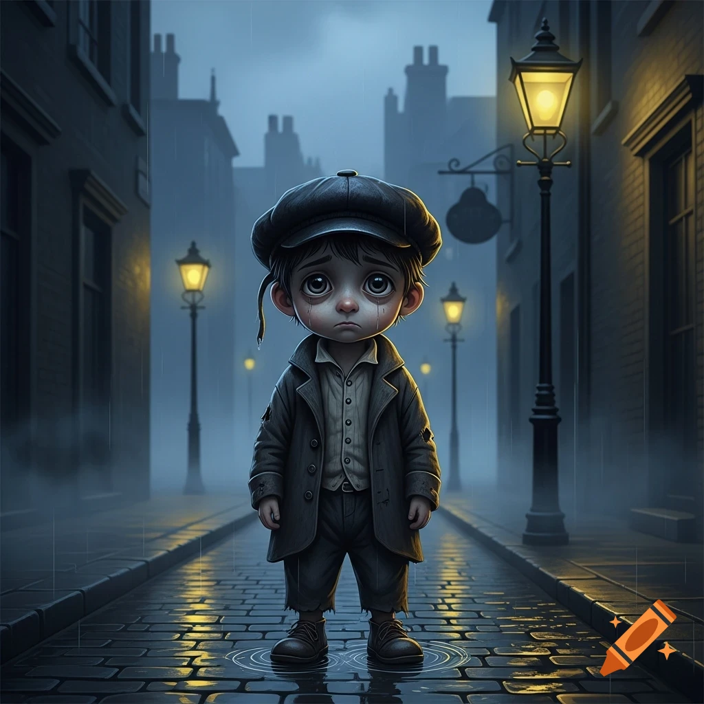 A sad, big-eyed cartoon boy dressed as a late 1800s London street urchin stands on a wet, foggy cobblestone street under yellow streetlights.
