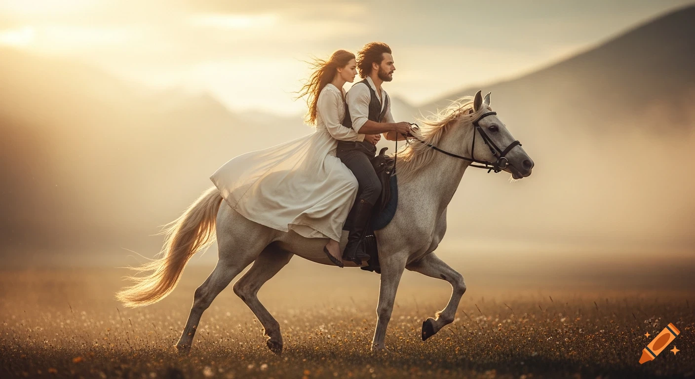 A man and woman ride a white horse through a field at sunset, evoking a cinematic, hyper-realistic, and mystical style.