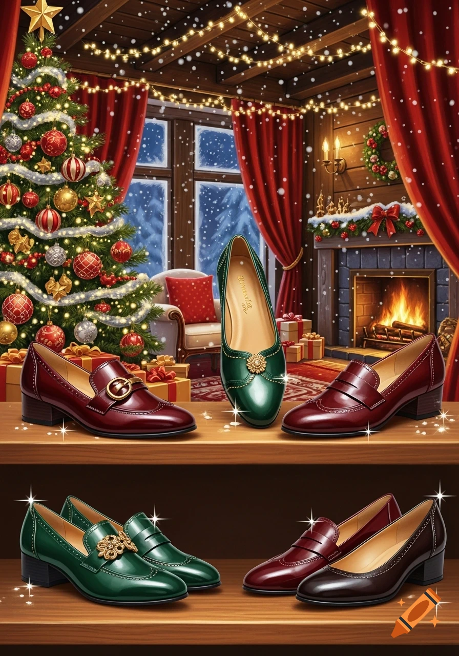 Several pairs of green and burgundy women's dress shoes are displayed on wooden shelves in a cozy, decorated Christmas room with a tree and fireplace.