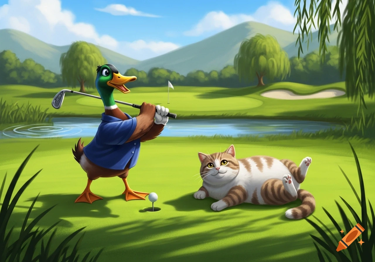A cartoon duck in a blue shirt holds a golf club, standing next to a striped cat lying on a green golf course with a pond and hills.