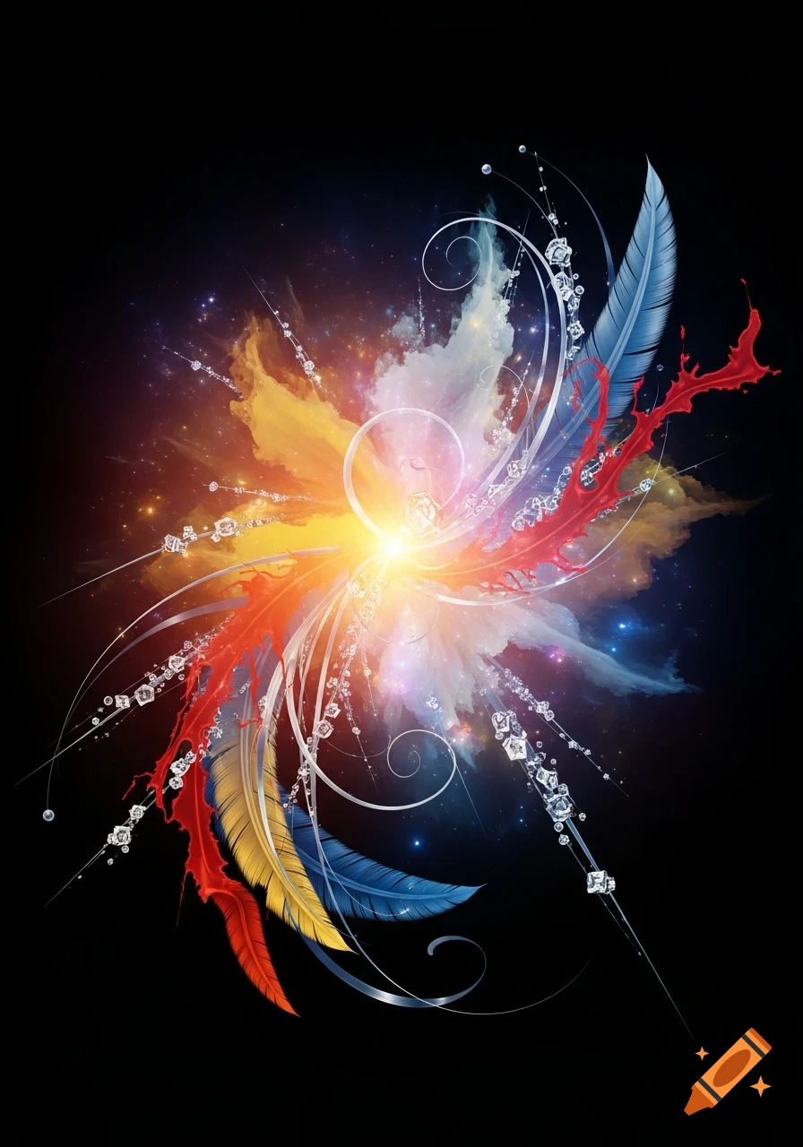 Vibrant abstract explosion of light, colorful feathers, and shimmering crystal forms against a dark, starry background.