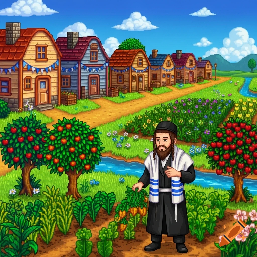 A pixel art scene of a Hasidic man harvesting carrots in a Stardew Valley-style village with houses and gardens.