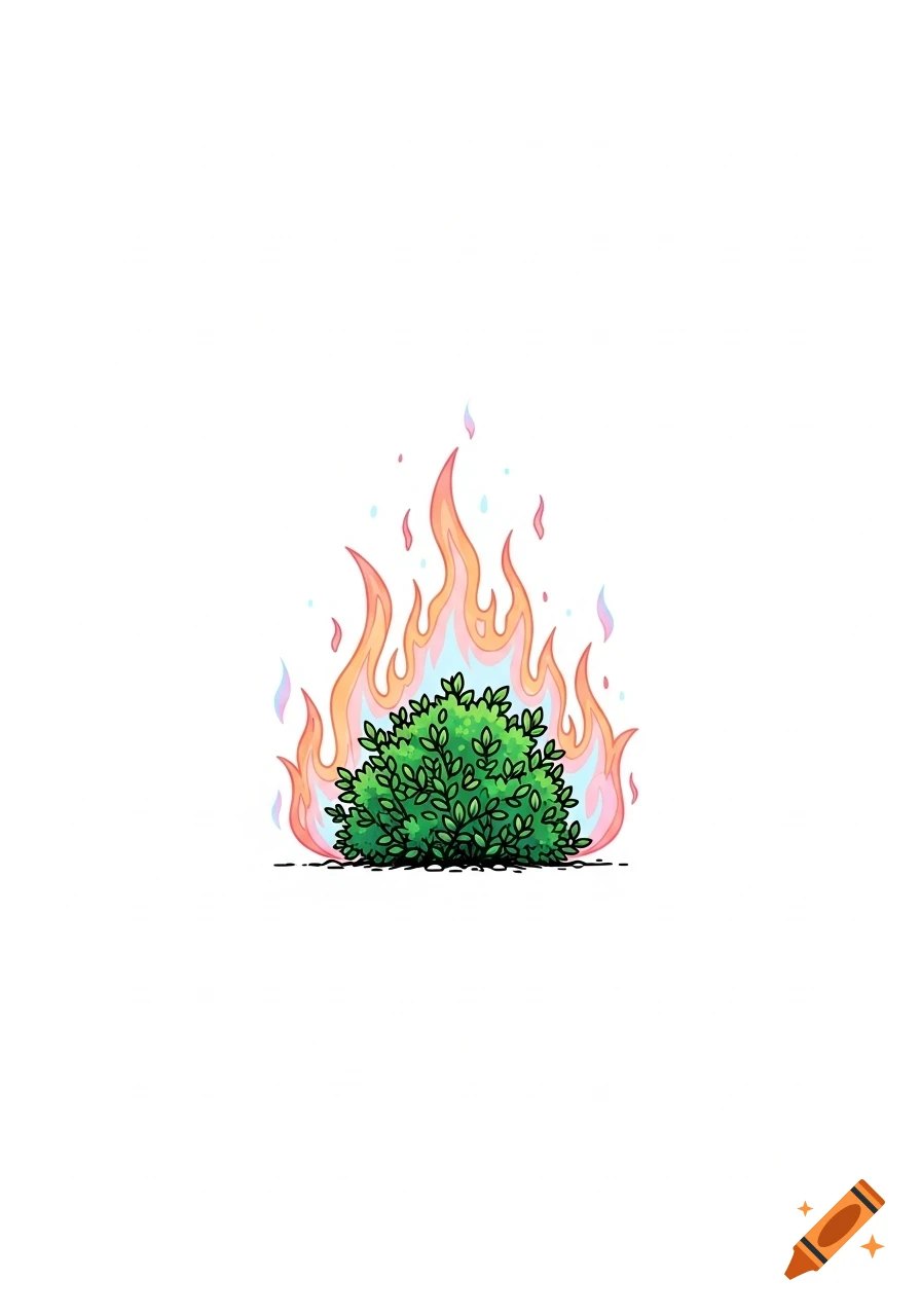 Cartoon illustration of a green bush with stylized orange and pink flames rising from it, on a white background.