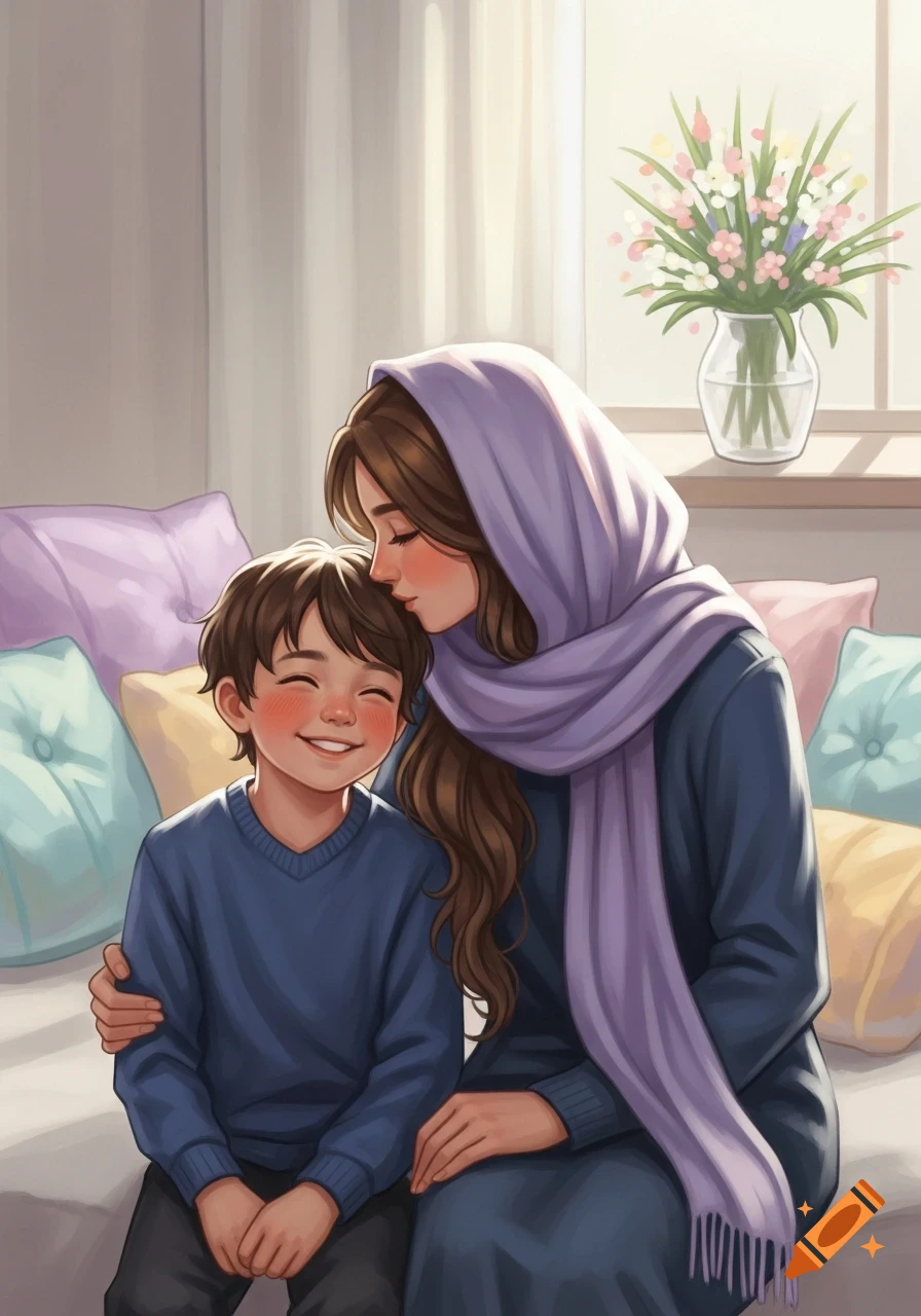 An illustrated image of a mother in a headscarf gently kissing her smiling son's forehead while sitting on a couch.