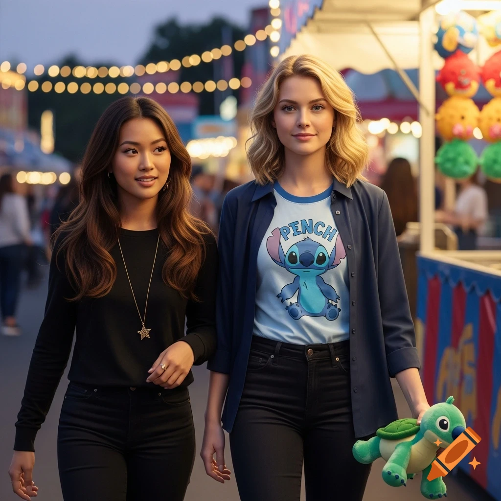 Two young women walk through a lively fairground at night. One wears a Stitch t-shirt and holds a green turtle plush; the other wears a black top and a star necklace.