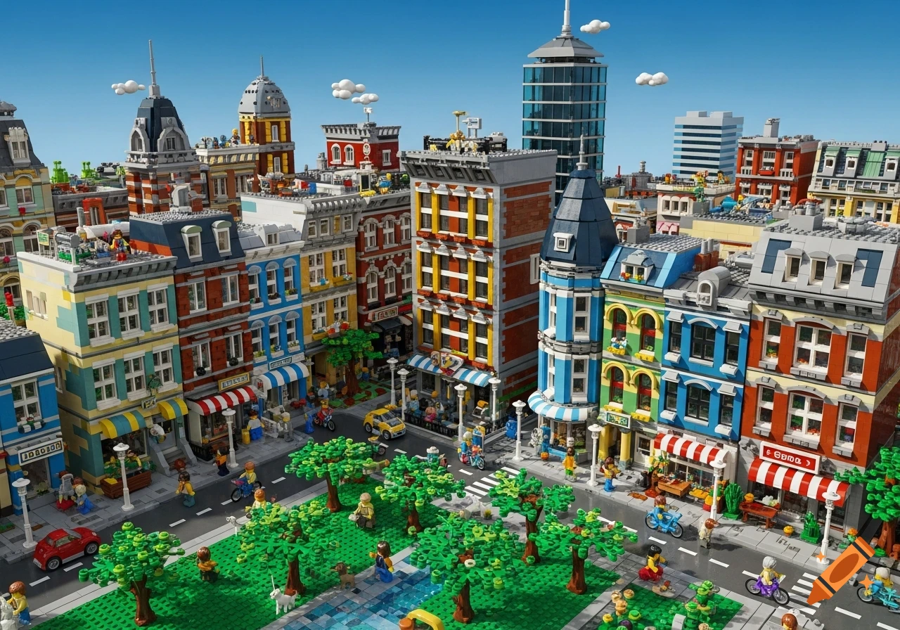 Aerial view of a vibrant, colorful LEGO city street with detailed buildings, minifigures, cars, and trees under a clear blue sky.