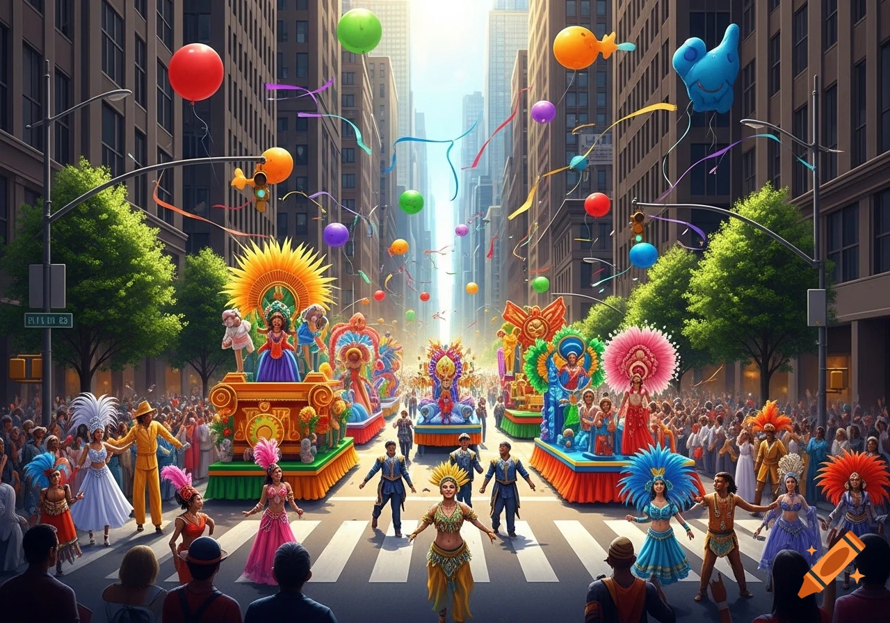 A vibrant city parade featuring elaborate floats, costumed performers, and a large crowd under a sky filled with balloons and confetti.